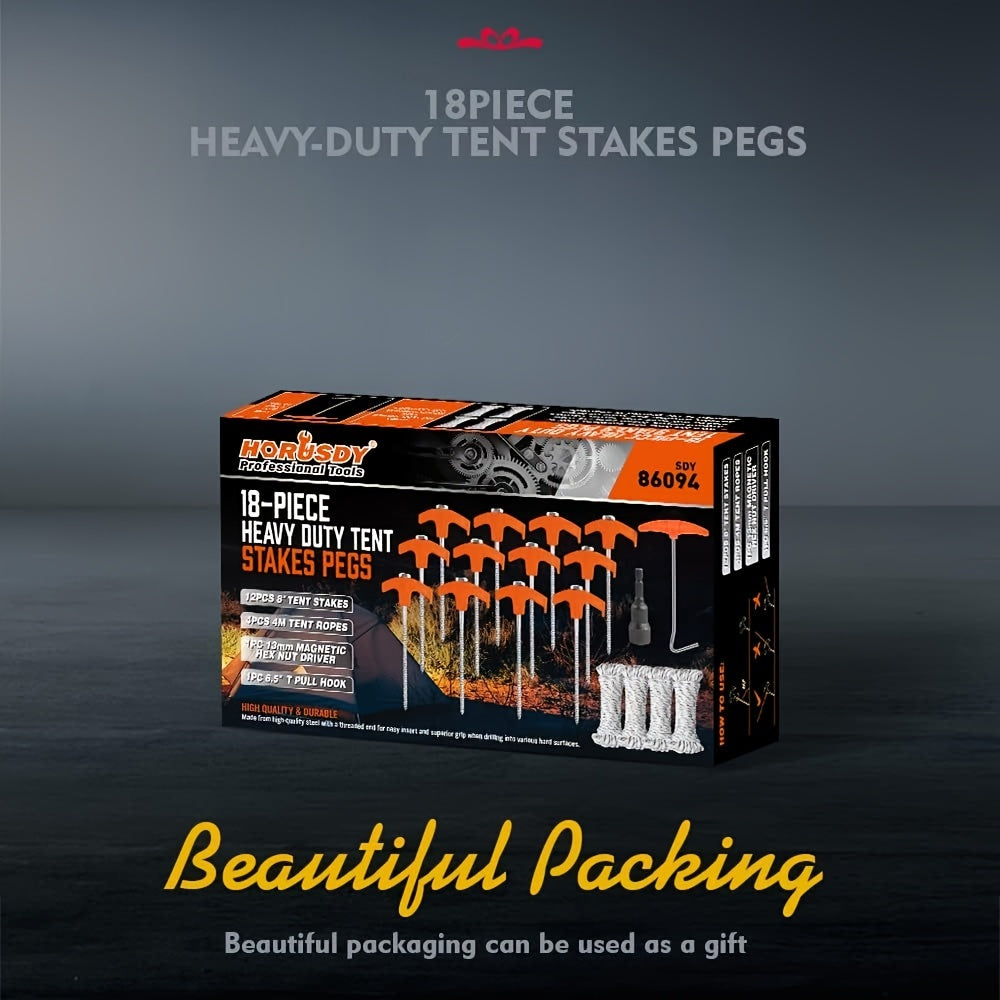 18 pcs Heavy Duty Tent Stakes Set with Rope & Hook