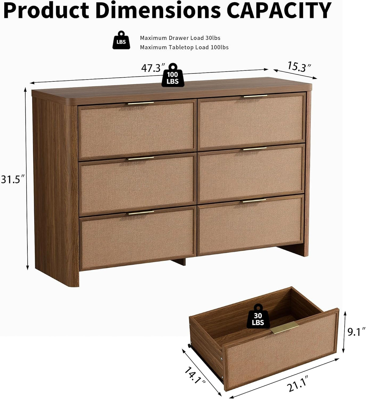 Walnut Rattan Six Drawer Dresser Bedroom Furniture