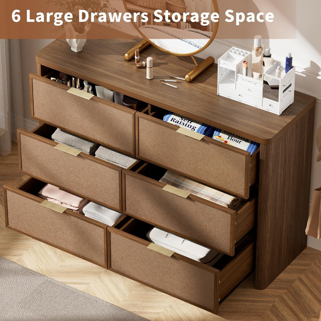 Walnut Rattan Six Drawer Dresser Bedroom Furniture