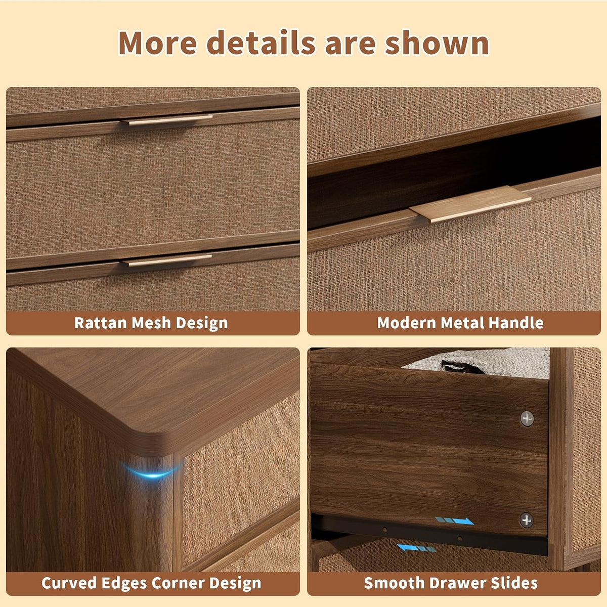Walnut Rattan Six Drawer Dresser Bedroom Furniture