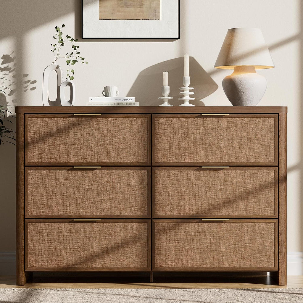 Walnut Rattan Six Drawer Dresser Bedroom Furniture