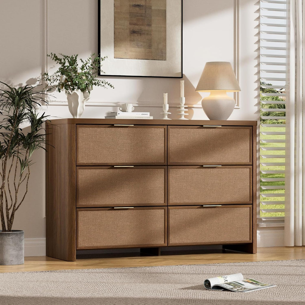 Walnut Rattan Six Drawer Dresser Bedroom Furniture